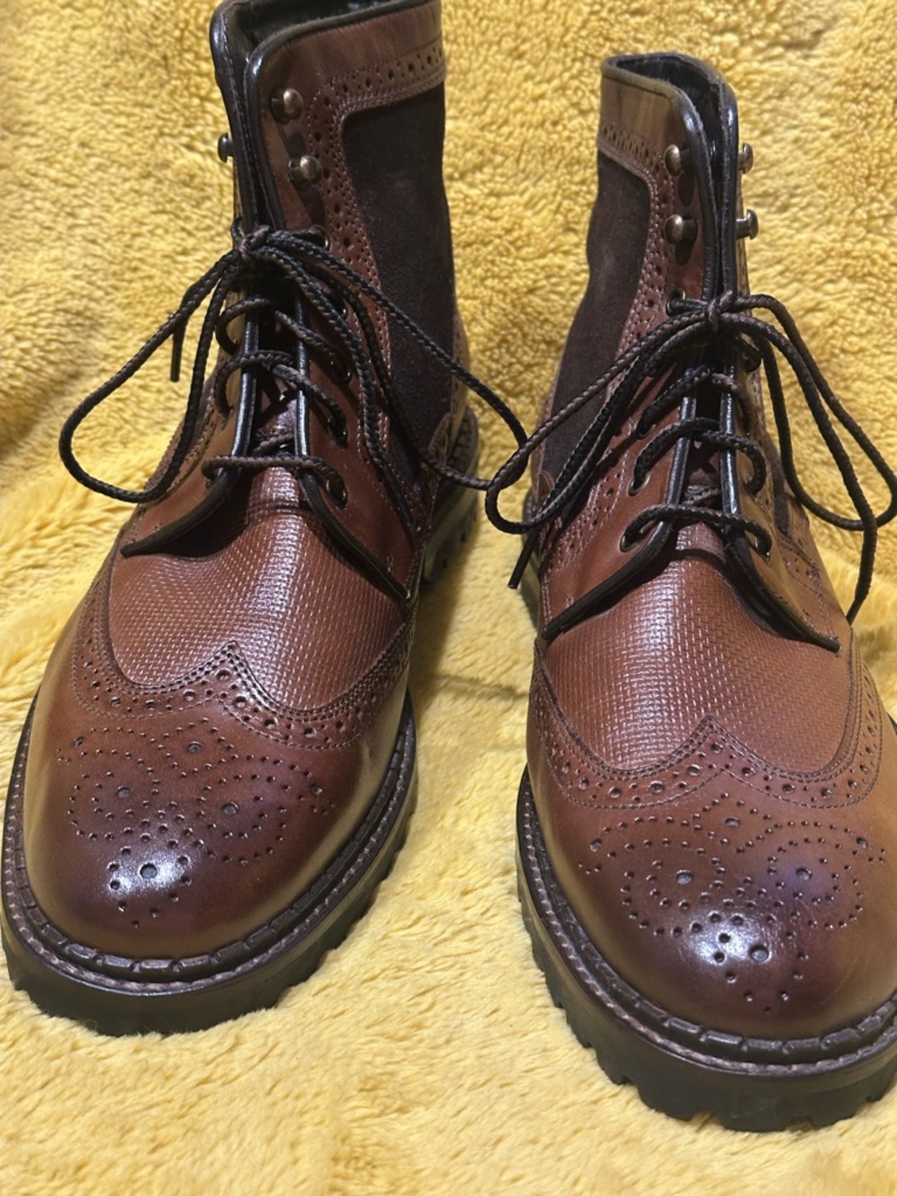 Johnston Murphy Mens Sz 8.5 Boots Brown Leather Wingtip Shearling Wool Sheepskin